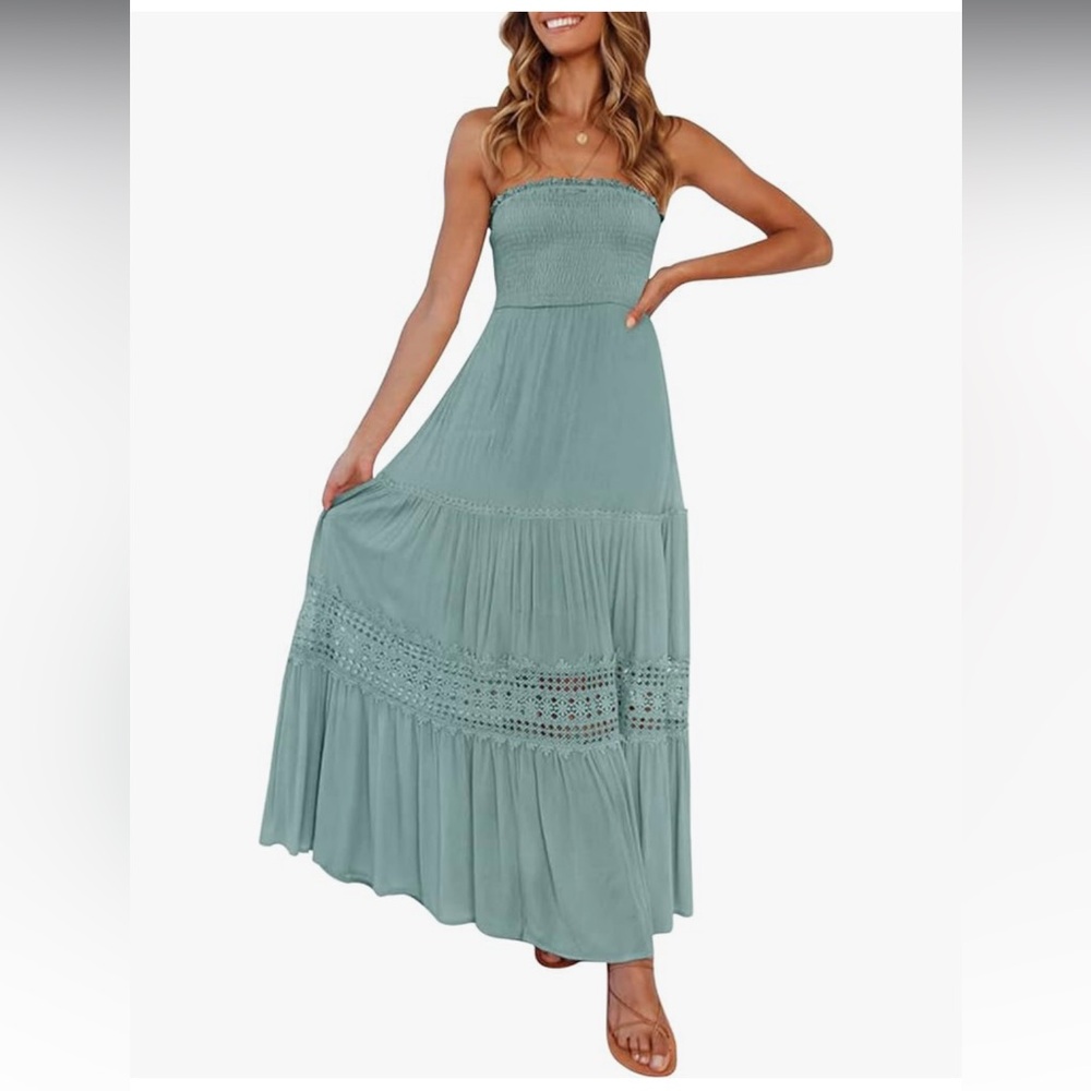 Size L- Sage strapless boho maxi dress